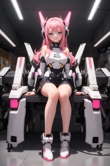 masterpiece, best quality, 1girl, pink hair, blue eyes, pink mecha armor, mecha headgear, neon light, spacecraft, sitting, looking at viewer, long hair, smile