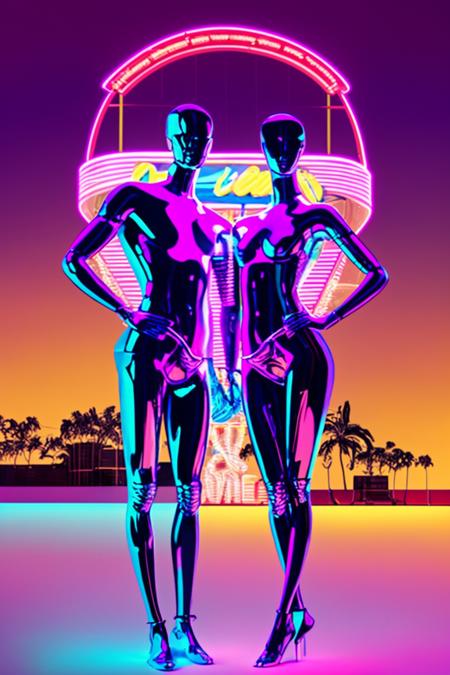 a couple of shiny mannequins standing next to each other ,  a flamingo standing in front of a neon arch with palm trees in the background and a pink neon arch in the foreground with a blue and purple background