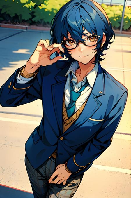 Tsumugi Aoba, solo, smile, necktie, glasses, pants, blazer, necktie, plaid pants, school uniform, cowboy shot, blue hair, blush, soft expression, outdoors, cute,  1boy