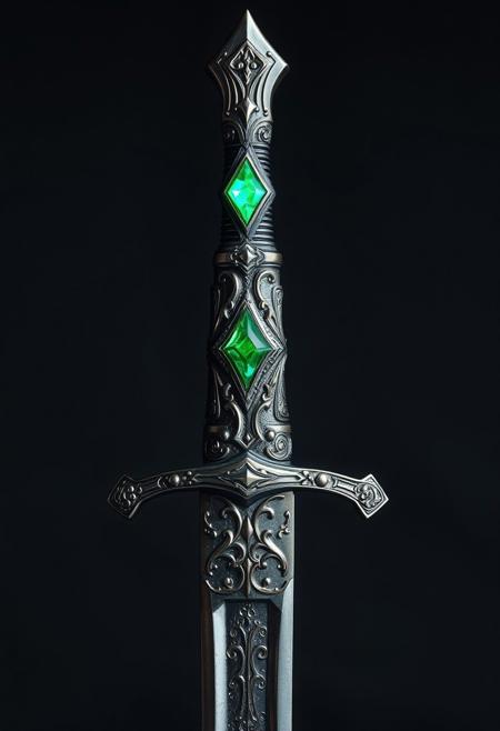A Highly Detailed Ancient Looking silver Sword With A Single Light green Gem embedded in the hilt