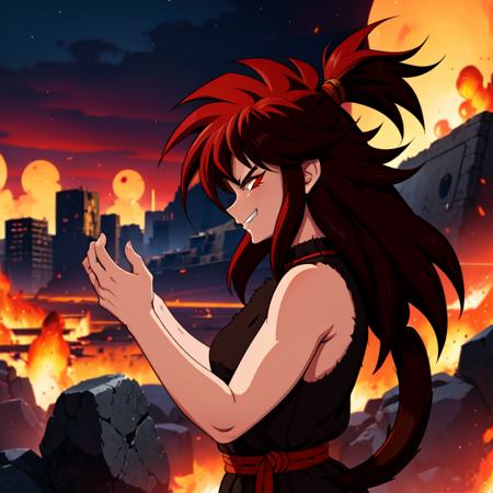 (side view), <lora:Primitive Saiyan Woman:0.9> Saiyaness a cartoon character with black and red hair, lashing Saiyan monkey tail, destroyed city, burning city, Saiyaness with a monkey tail,primeval animal pelt grinning evil grin hair tied, brown animal skin pelt, evil smirk, long wild spiky hair, hair over shoulders, mane of hair down back