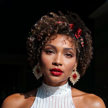 <lora:FranciellePimenta:0.8>francielle, a woman with a brown afro wearing a white dress and earrings and a red lipstick,  (closeup photo), (perfect face), bokeh, 135mm, 8k, super detail, ccurate, best quality