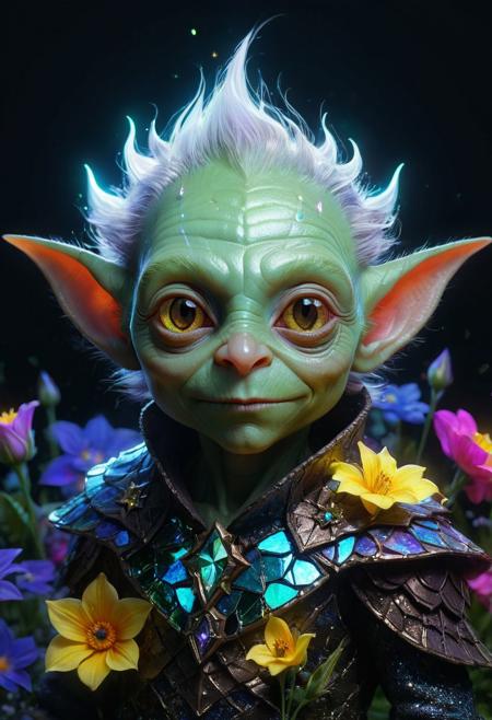 Luminous little goblin, high quality, 8k, painting, neon colors, bright, glitter, flowers, stars, cute face, trending on artstation, sharp focus, studio photo, intricate details, highly detailed, by greg rutkowski, Broken Glass effect, no background, stunning, something that even doesn't exist, mythical being, energy, molecular, textures, iridescent and luminescent scales, breathtaking beauty, pure perfection, divine presence, unforgettable, impressive, breathtaking beauty, Volumetric light, auras, rays, vivid colors reflects