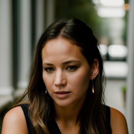 Realistic photo of a beautiful j3nn1f3rl-v2 woman, 1girl, solo, long hair, looking at viewer, brown hair, shirt, jewelry, earrings, sleeveless, belt, blurry, lips, grey eyes, blurry background, realistic, soft lighting, professional Photography, Photorealistic, detailed, RAW, analog, sharp focus, 8k, HD, DSLR, high quality, Fujifilm XT3, film grain, award winning, masterpiece<lora:j3nn1f3rl-v2:1.0>