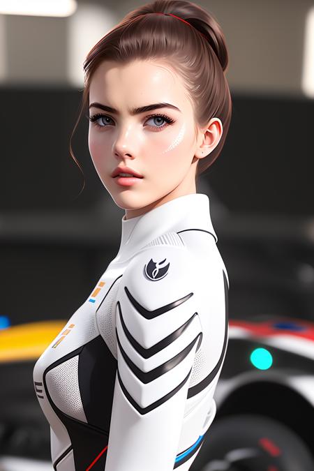 missb0tez dressed as a racer, High detail, RAW, color Photo, highly detailed, (skin pores), high detail hair, (sharp body), (detailed body), (highly detailed face), realistic hands, 5 fingers hands, (perfect lighting, shadows), 8k high definition, insanely detailed, intricate, masterpiece, highest quality, blushing