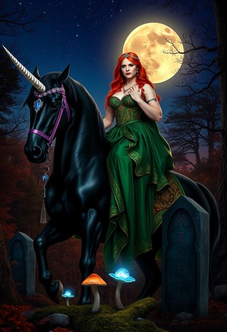 Regal ginger woman with large breasts under ornate green gown, astride majestic black muscular unicorn. The unicorn has only one head, crowned with a single pearlescent horn. Purple bridle and saddle adorned with gems. Night sky ablaze with stars - Crisp air carries scent of fallen leaves and distant woodsmoke.
Breathtaking moonrisr paints sky in vivid silver blue and purples. Last rays filter through trees, casting long shadows and bathing scene in warm, golden light. Unicorn's horn and woman's hair shimmer in fading daylight.
Woman's determined gaze fixed on horizon. Right hand on unicorn's neck, left holding a staff with glowing crystal orb.
Misty mushrooms rise from moss-covered forest floor, adding to mystical atmosphere. Ancient standing stones peek through autumn foliage, their surfaces glowing from within from ancient runes that pulse with ethereal blue haze.The luminous symbols hint at forgotten magic, enhancing the scene's mystical quality. - a legendary wizard seductress embarking on epic quest,