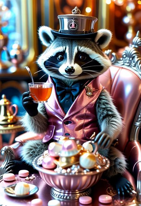 fancy raccoon made of silver l1qu1dp34rl wearing a monocle and sipping molten marshmallow tea, lounging in a pearlescent trash throne, regal garbage energy