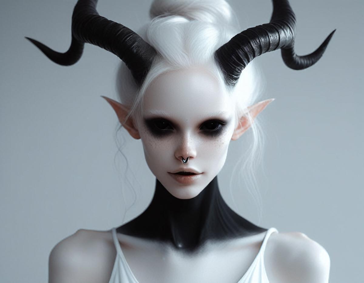 A beautifully painted woman with horns and a nose ring, displayed against a white background.
