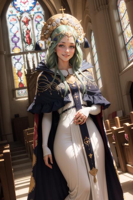 masterpiece, best quality, defRhea, headdress, hair flower, tiara, blue cape, long white dress, looking at viewer, church, stained glass, smile, serene expression, closed mouth  <lora:rhea-nvwls-v3-000009:0.9>