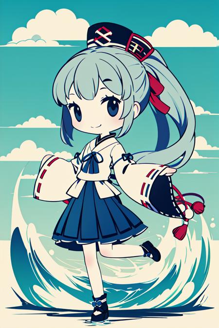 <lora:cobalta:1>1girl, mononobe no futo, solo, hat, boat, chibi, watercraft, green ribbon, grey hair, smile, ribbon trim, skirt, ribbon, ribbon-trimmed sleeves, japanese clothes, ponytail, blue headwear, kariginu, wide sleeves, full body, long sleeves, tate eboshi, closed mouth, sleeves past wrists, water, sleeves past fingers, looking at viewer, pom pom (clothes), long hair, black footwear, bangs, waves, cloud, standing, blue skirt, black eyes, blush, sky