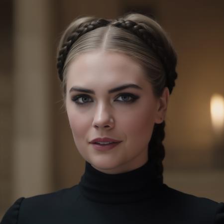 photo of (ohwx woman) as Wednesday Adamas, wearing gothic clothes, braided pigtails, in a castle, sharp focus, looking at the camera, makeup, cinematic look,  <lora:Kate Upton:1>