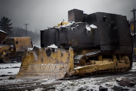 analog gloomy photo of a bulldozer with yellow blade,  <lora:k1lld0z3r:0.9>, (at night), snow, (horror movie), ((nighttime)), (midnight), dark city, High Detail, Sharp focus, (photorealism), realistic, best quality, 8k, award winning, dramatic lighting, epic, cinematic, masterpiece, rim light, ambient fog:1.5,