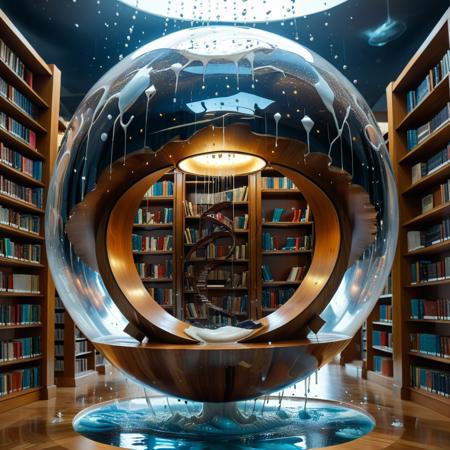 a library spiraling within a liquid sphere shaped like a falling tear, bookcases mounted on concentric rings of floating platforms, ink flowing visibly through transparent veins along the walls, central node projecting memories as glowing droplets, tearStyle2