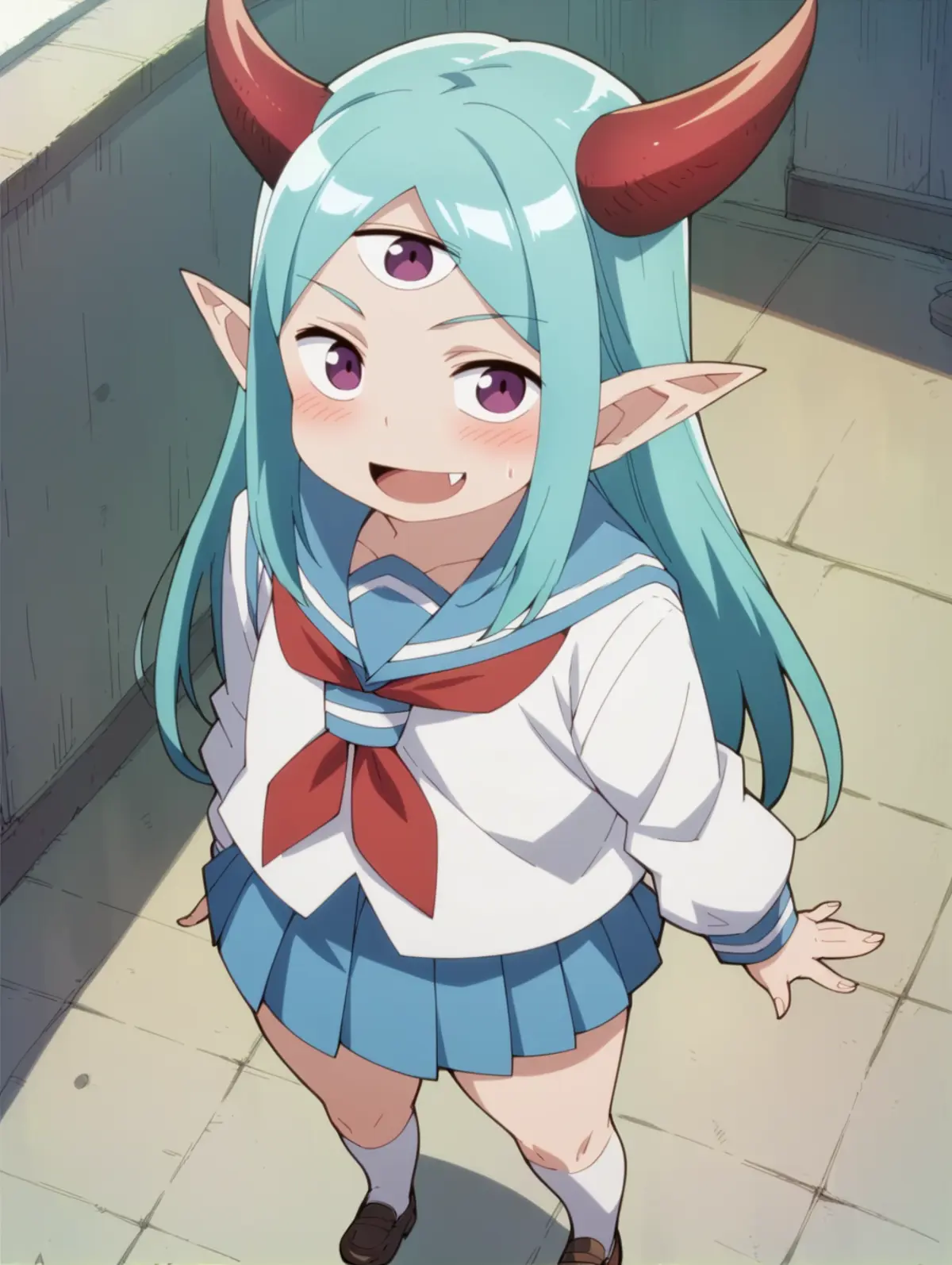 A boy with long blue hair and pointed ears dressed in a typical school uniform consisting of a white shirt with a blue collar, red necktie, and pleated skirt. He has light blue long hair and three eyes with the third on his forehead, and two large red horns on each side of his head