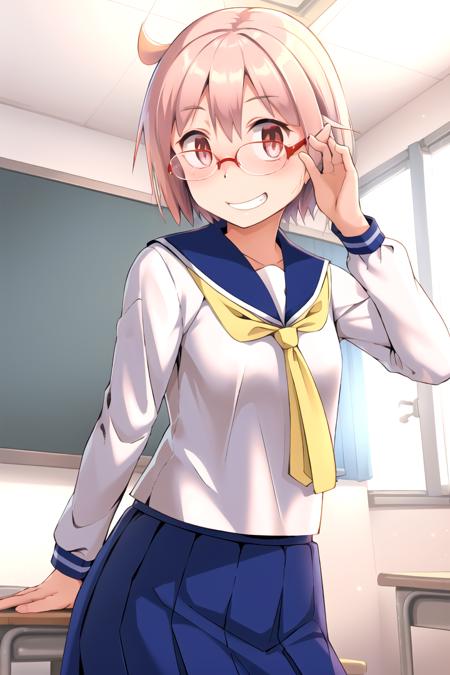 masterpiece, best quality, 1girl, <lyco:Yuzuko-000008:1.0>, nonohara yuzuko, serafuku, sailor collar, neckerchief, skirt, smile, grin, glasses, adjusting eyewear, indoors, classroom