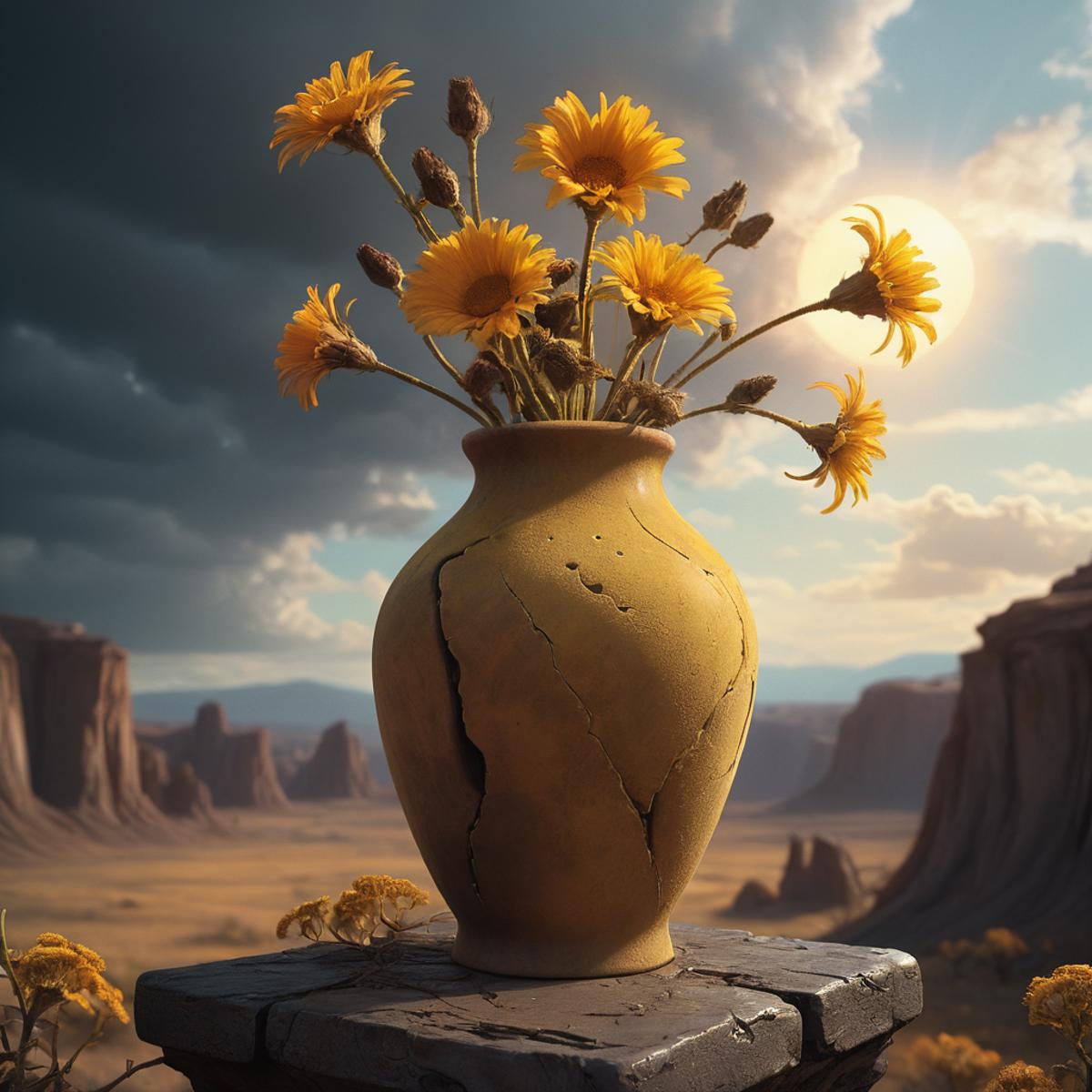 Yellow Flowers in a Vase on a Rock in the Desert