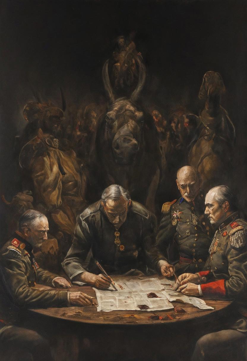 Dark and ominous oil painting, inspired by the lyrics of Black Sabbath's "War Pigs", featuring a group of generals gathered around a table, plotting destruction and chaos. The painting is highly detailed and realistic, with deep shadows and rich colors. It is reminiscent of the works of Rembrandt and Caravaggio. The composition is symmetrical, drawing attention to the center where the most powerful general sits. The lighting is dim, creating a sinister atmosphere. This piece captures the essence of war and its destructive nature through its use of symbolism and realism.