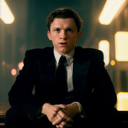 RAW portrait of tomholland person wearing a tuxedo, professional photography, in blade runner, high resolution, 4k, 50mm, vaporwave, photo by Brooke Shaden,  <lora:tomholland_6150:1>