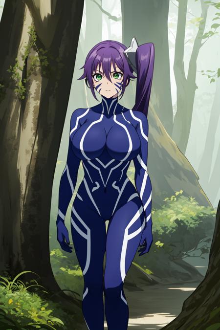 masterpiece, <lora:SagiriAmenoV1-000008:1>, sagiame, 1girl, solo, (((nervous:1))), (facial mark:1.1), large breasts, purple hair, hair ornament, side ponytail, long hair, green eyes, impossible clothes, bodysuit, blue bodysuit, gloves, blue gloves, skin tight, looking at viewer, standing, forest