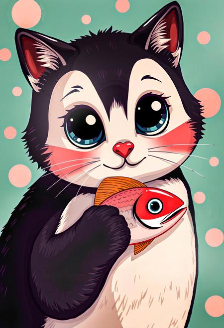 (Cat|penguin) eat fish, pop art style, cute, lovely, big eyes 