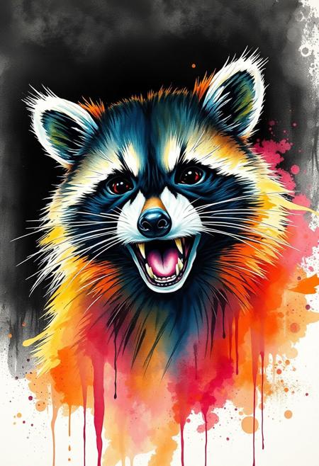 A creepy image featuring a raccoon. Really creepy, eerie, scary, spooky, but also very very silly image of a raccoon. Did I say very very silly? I meant very very very silly. Portrait. A stunning masterpiece, a mixture of watercolor, ink splash, and neon markers.