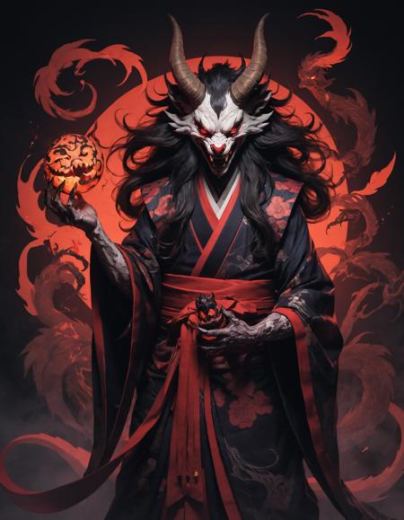oni_mask,kimono,long_hair,pale_skin,sharp_teeth,horns,red_eyes,yurei,dark_aura,ghostly_robes,floating,malevolent_grin,ethereal_presence,clawed_hands,spectral_wings,tengu_nose,fox_features (for kitsune),snake-like_attributes (for nure-onna),shadowy_form,glowing_eyes,