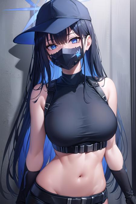 saori joumae, blue eyes, blue hair, halo, long hair, mask, mouth mask, bare arms, bare shoulders, belt, black headwear, black pants, black shirt, blue gloves, crop top, gloves, leggings, midriff, navel, pants, shirt, sleeveless, sleeveless shirt,