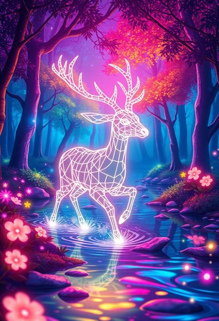A magical forest in bold, saturated colors, where trees glow with bioluminescence.﷿速镜头﷿随 a glowing wireframe deer with intricate white grid lines forming its body and antlers, running in a stream, there are glowing flowers and floating sparkles. The lighting shifts with bursts of radiant color, casting soft glows and colorful flares. reflections shimmer across a crystal-clear stream. The scene maintains a whimsical, fluid rhythm, with smooth animation and a painterly visual style
