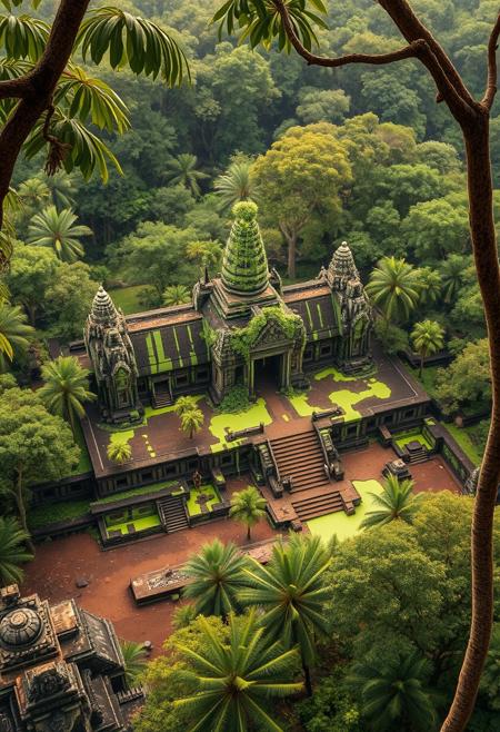The angkor temples made of slime in the unexplored jungle viewed from above