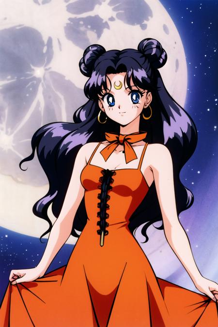 masterpiece,best quality,highres,<lora:Luna1:0.6>,Luna1,1girl,1990s \(style\),long hair,solo,crescent facial mark,facial mark,hair bun,black hair,crescent,blue eyes,double bun,very long hair,forehead mark,cowboy shot,looking at viewer,on moon,