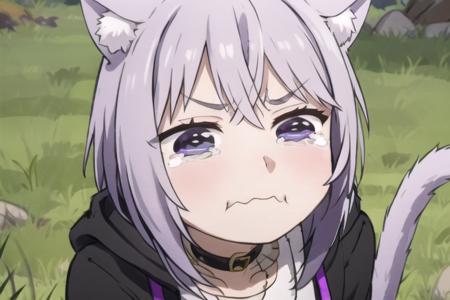 nekomata okayu, hololive, ahoge, black hoodie, cat ears, cat tail, looking at viewer, outdoors, grass, <lora:merrytail_aqua_crying_meme_v02-05:0.7>, closed mouth, tears, wavy mouth, tearing up, pout, :i, meme, :t, parody, frown, v-shaped eyebrows, crying, sad, crying with eyes open, puffy cheeks