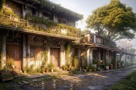 8k, realistic, vray, HDR,  6000K,  hochiminh city, street vendor, overview, overgrown, <lora:PostApocalyptic3:0.6> SZ_4po