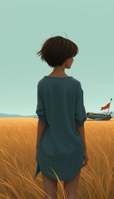 Art by Ismail Inceoglu. A stylized cinematic scene depicting a quiet post-apocalyptic landscape at dusk. In the foreground, a young woman with short, tousled dark brown hair and warm tan skin stands in profile, facing away from the viewer, wearing an oversized, loose-fitting gray-blue shirt that gently drapes over their frame. They stand in a field of windswept golden and amber grass, gently fading into cooler tones as it stretches into the distance. Far across the field lies the rusted wreckage of a large aircraft, partially buried and covered in dirt and wear, with a broken windmill and a tattered red flag fluttering weakly in the wind nearby. The sky is a muted teal, cloudless and vast, contributing to the melancholic, quiet sense of isolation and wonder. The overall atmosphere is still, reflective, and nostalgic, with an emphasis on environmental storytelling and painterly, hand-drawn aesthetics.