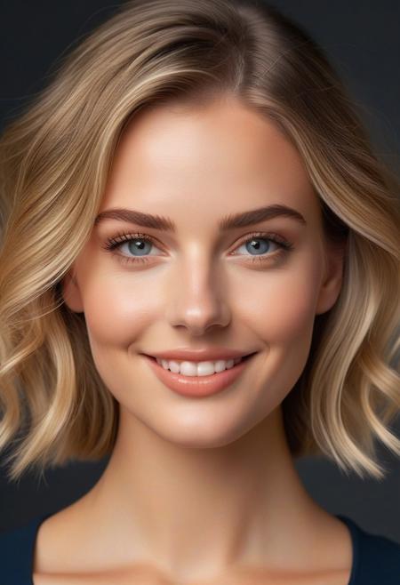 High resolution, 4k, realism, high quality, ((1girl)), Eye color, Deep ocean blue, large, and expressive, with a natural shine conveying warmth.Face shape, Oval, smooth, with slightly high cheekbones, adding elegance.
Hair, Long, Beach Waves , golden blonde.Skin tone, Fair, luminous, with a soft pink tint on the cheeks, flawless and radiant, Ears, Small, well-proportioned, subtly hidden by hair, adding softness.Nose, Fine and delicate, with a smooth bridge, slightly rounded at the tip, adding sweetness, Lips, Full, perfectly defined, naturally colored between pale pink and coral, with a subtle Cupid's bow, curved into a warm smile, Facial structure, Balanced, with a soft yet defined jawline, harmonious and symmetrical, Smile, Sincere and charming, lighting up the face, reflecting kindness and joy, Photo angle, Front view, slightly tilted left, focusing on the eyes and lips, emphasizing emotional expression and beauty.