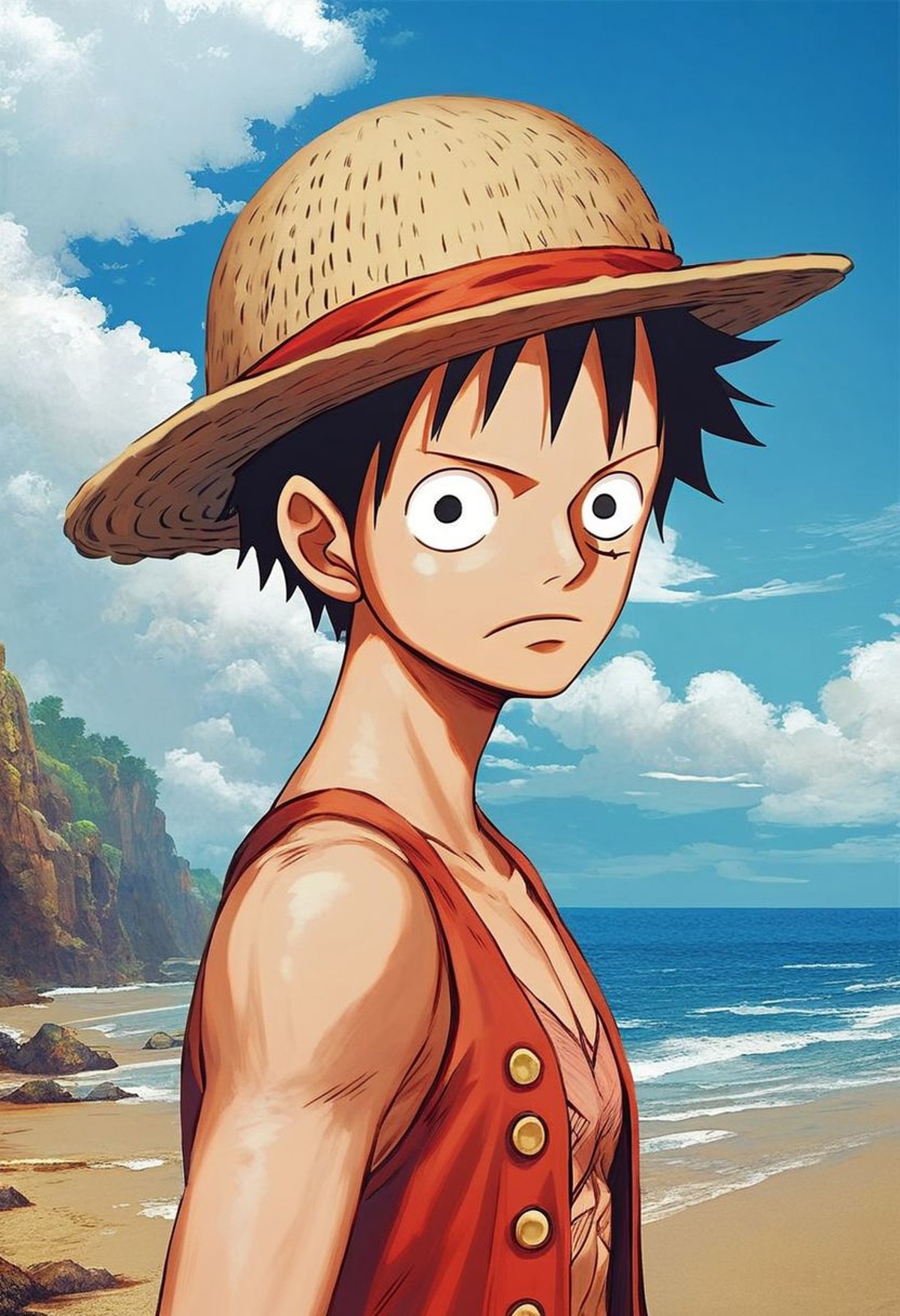 score_9_up ,score_6_up,Luffy in the beach,solo,Cap,Serious,masterpiece, 8k, ultradetailed background ,looking at viewer