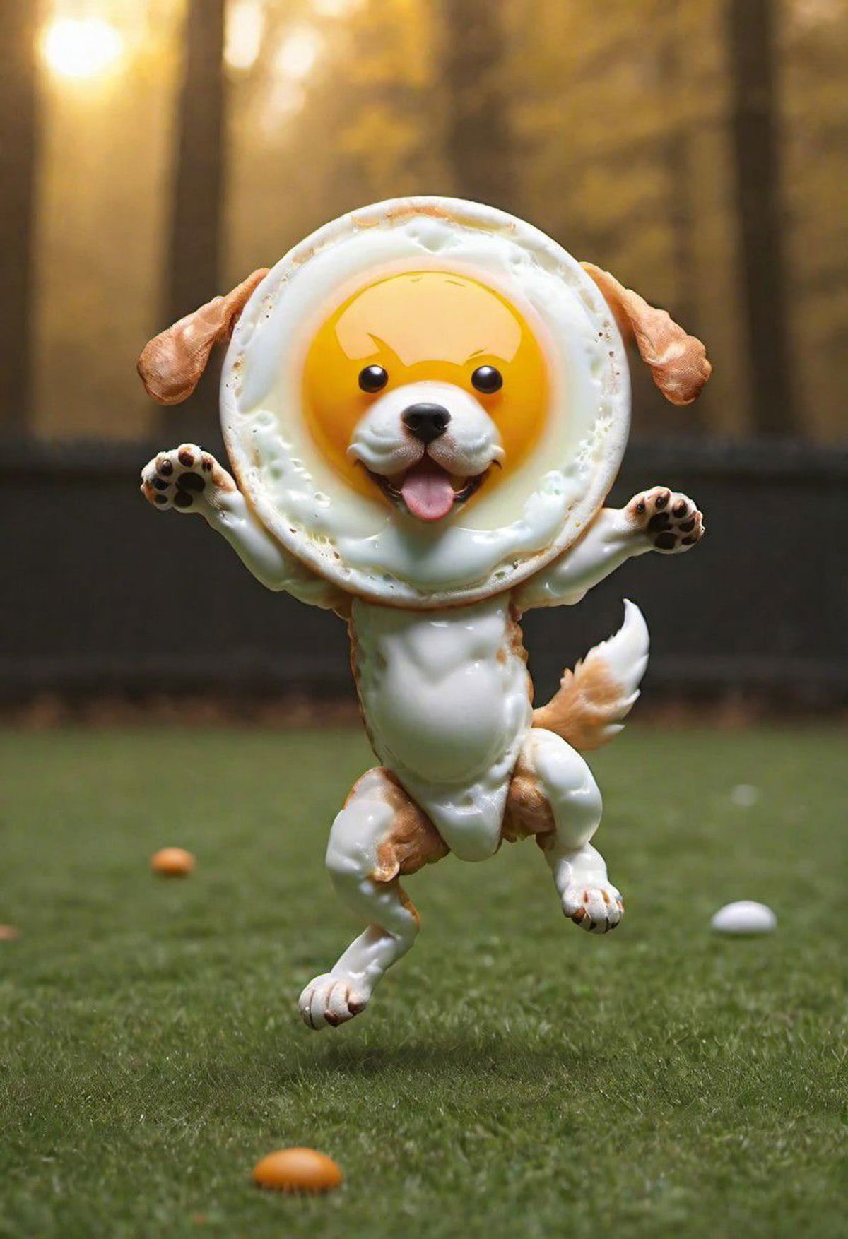 A small brown and white dog wearing a fried egg on its head, standing on a green grassy field.