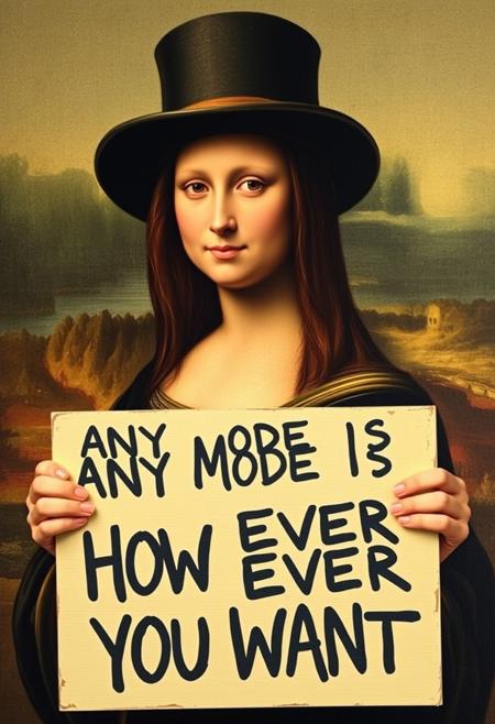 the 'Mona Lisa' woman in a top hat from the "Mona Lisa painting,  holding a sign that reads; "ANY MODE IS FOR HOW EVER YOU WANT"