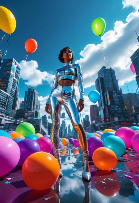 A futuristic woman standing confidently on the ground, surrounded by a sky filled with floating, neon-colored balloons of various shapes, the scene viewed from a low-angle perspective, her reflective silver outfit shining under the bold, pop-art inspired cityscape in the background, dynamic clouds above, cinematic lighting, ultra-realistic, 8k resolution, wide-angle lens, energetic and vibrant atmosphere.
anime, cyberpunk