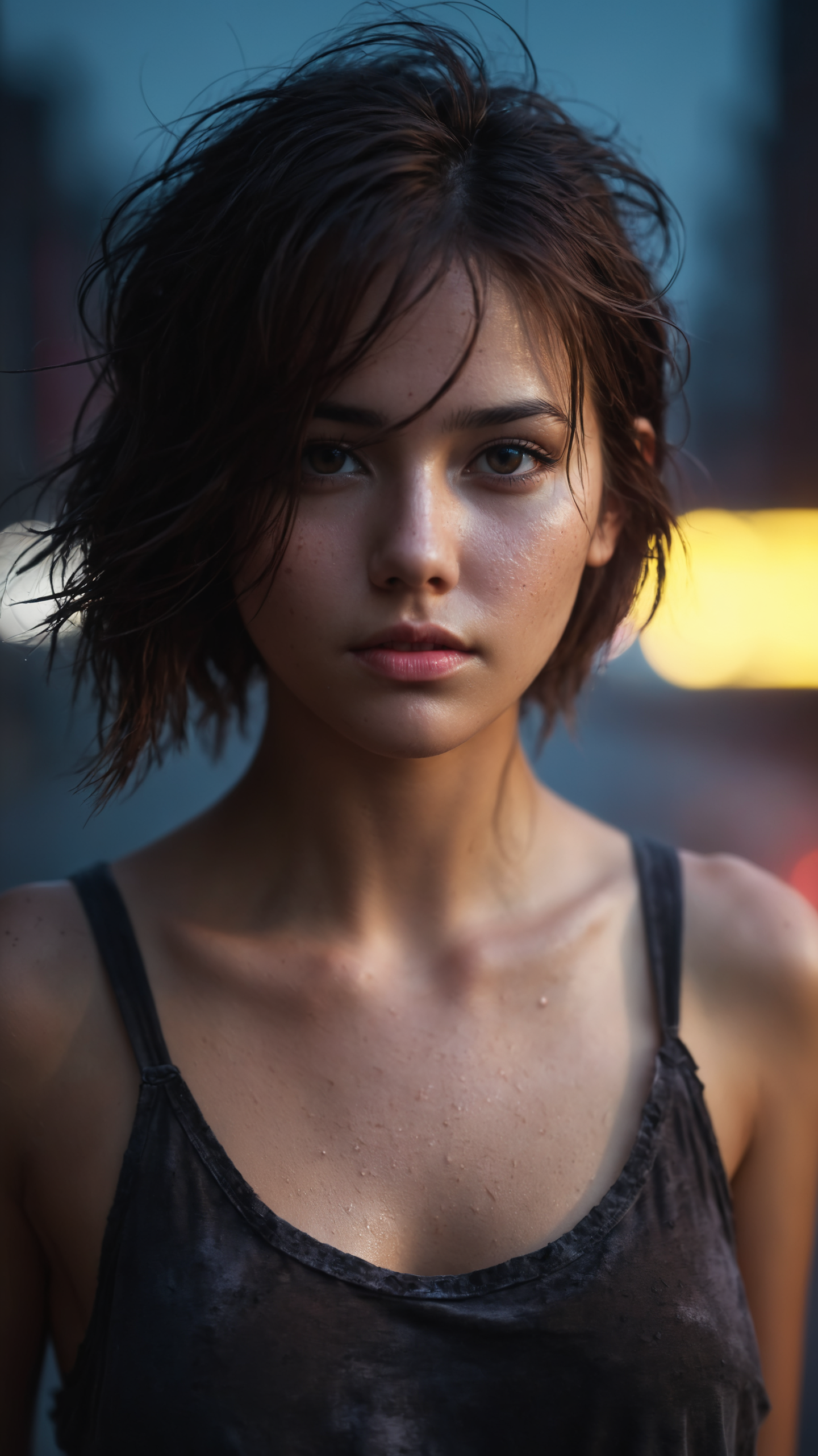 Young woman with beautiful breast on dark background, closeup