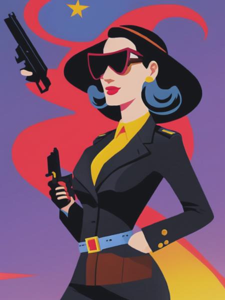 <lyco:JoshAgle:1.0> A female spy holding a gun, by Josh Agle