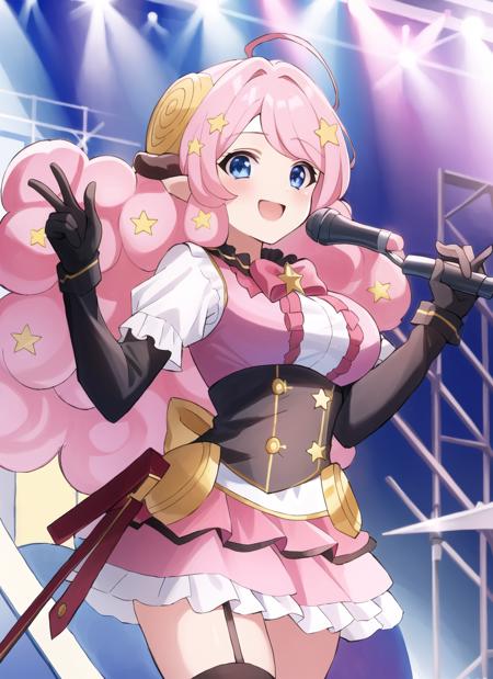 (masterpiece:1.3), (best quality:1.2),moa,1girl,solo,huge_breasts,pink hair,long hair,star (symbol),hair ornament,blue eyes,star hair ornament,horns,animal ears,smile,sheep horns,ahoge,idol clothes gloves short frilled skirt nectie beret puffy short sleeves singing holding microphone