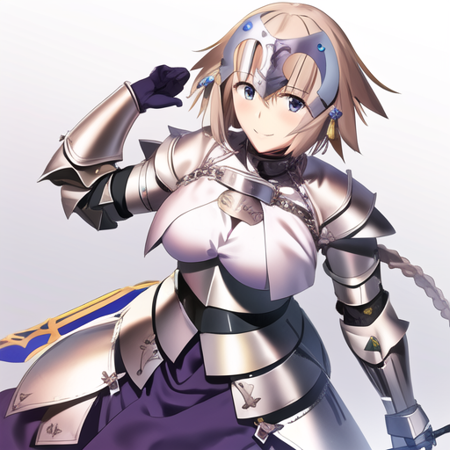 masterpiece, best quality, 1girl, jeanne d'arc (fate), jeanne d'arc (ruler) (fate), braid, armor, gauntlets, headpiece, <lora:qqq-jeanne_d'arc-v1:0.7>