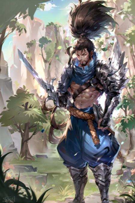 yasuo, league of legends, yasuo_(league_of_legends), 1boy, weapon, male focus, sword, facial hair, solo, beard, sheath, ponytail, brown hair, holding, long hair, holding weapon, armor, brown eyes, outdoors, holding sword, katana, muscular, tree, looking at viewer