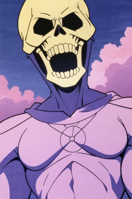 skeletor, close-up, open_mouth, solo, pink_sky, cloudy_sky