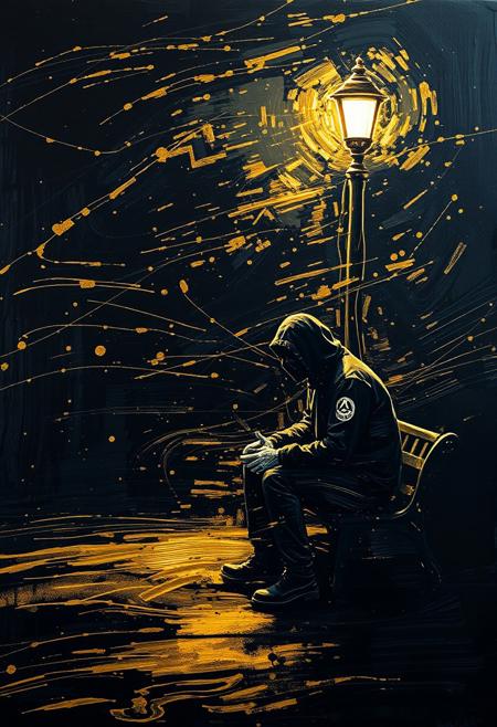 A hyper-stylistic, extremely detailed image depicts a breathtaking painting, crafted from a combination of smeared black and gold metallic paint. A killer sitting on a park bench next to a lone street light at night is captured in a streaked motion, as if it is moving rapidly in one direction. The black paint is applied in bold, dynamic strokes, creating a sense of energy and movement that is contrasted beautifully by the golden accents. The gold paint is used to highlight the killer, the bench and street lights features, adding a sense of depth and dimensionality to the image. The overall effect is one of breathtaking, surreal dynamism, as if the viewer has captured a fleeting moment in time. Every detail of the image is meticulously crafted, from the delicate, swirling patterns of the gold paint to the intricate, textured patterns of the black paint. The contrasts between light and dark, color and texture, create a sense of tension and energy that draws the viewer in, inviting them to explore the kinetic world of the painting. highest-Quality, intricate details, visually stunning, Masterpiece