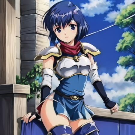 1girl, (solo), looking at viewer, solo focus, smile,  <lora:Feovatest2:0.8>,    <lora:Catria-05:0.8>, catria_og, 1girl, solo, blue thighhighs, dress, blue elbow gloves, blue fingerless gloves, armor, headband, short dress, shoulder armor, pegasus knight uniform (fire emblem)