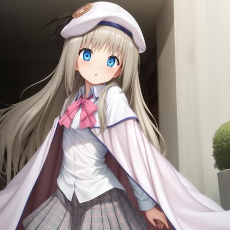 Masterpiece, Best Quality, kud, <lora:kud_lora-000010:1>, kud hat, kud cape, school uniform, gray skirt, hair_