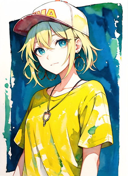 akagi shun, masterpiece, best quality, 1girl, aqua eyes, baseball cap, blonde hair, closed mouth, earrings, green background, hat, hoop earrings, jewelry, looking at viewer, shirt, short hair, simple background, solo, upper body, yellow shirt, (watercolor) <lora:akagi_shun_offset:1>