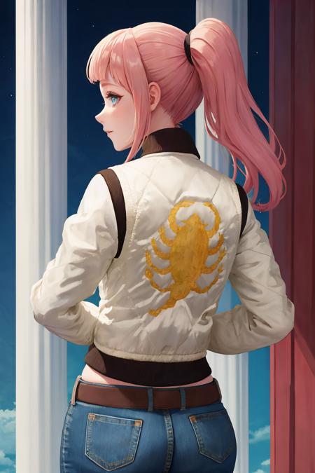 (print jacket, white jacket), from behind, jeans