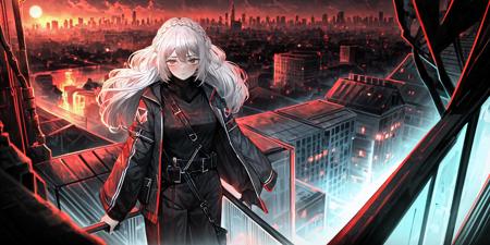 limbus, 1girl, solo, looking at viewer, <lora:Limbus-06:1.4>, (Random:1.3), hair flaps, silver hair, monolid eye shape, dark brown eyes, firstdate outfit, rooftop terrace with city skyline view, (disgusting, horrifying, masterful, mysterious:1.3), enchanting